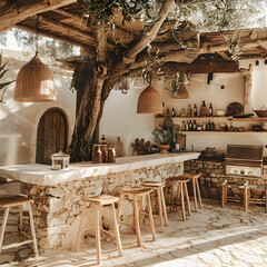 Sunlit outdoor kitchen in Ibiza style, Spanish finca, Ibiza, big olive tree, summertime, soft natural colors. 3d render.