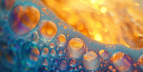 Deurstickers Background of a close-up of oil bubbles floating on water with a blurred background of orange, yellow and blue colors © Oleksandra