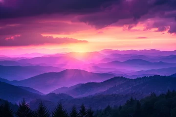 Fototapete Sun Setting Over Mountain Range © BrandwayArt
