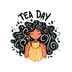 Tea Day A woman with curly hair is holding a cup of tea