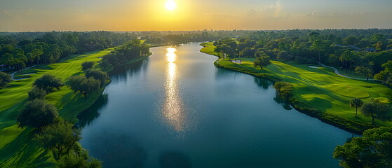 Sunset on a tranquil beach with palm trees and calm waves, golf course aerial wide view
