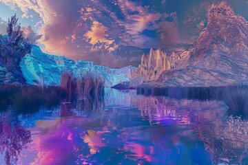 A serene painting capturing the harmonious presence of a grand mountain overlooking a peaceful lake, blending nature in a surreal landscape. - obrazy, fototapety, plakaty