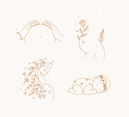 Pregnancy symbols female torso, silhouette of a pregnant woman, sleeping child drawing in floral hand-drawing style on beige background - 756623684