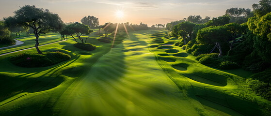 Sunset on a tranquil beach with palm trees and calm waves, golf course aerial wide view
