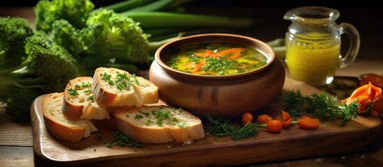 A delicious dish featuring a bowl of soup with bread and fresh vegetables, presented on a rustic...