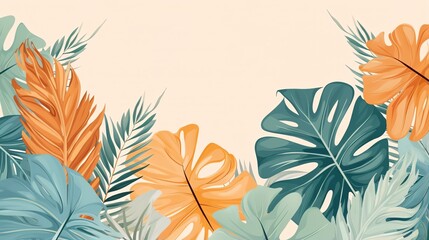 Fototapeta na wymiar Abstract botanical art of tropical leaves with a serene color palette, spring wallpaper background