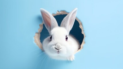 Cute bunny peeking out of a hole in blue wall background, happy easter concept
