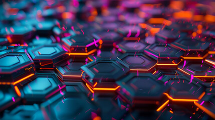 A mesmerizing array of interconnected hexagons, glowing in vibrant neon hues against a dark backdrop, evoking a futuristic cityscape. 8K - - obrazy, fototapety, plakaty