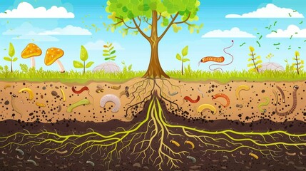 Soil health and fertility illustrated in layers, cartoon worms and roots interacting