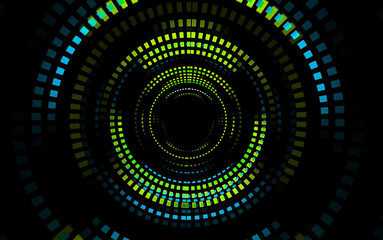 Green, blue neon lights, round tunnel, abstract geometric background. Immerse your designs in a dynamic world of light with a neon round frame