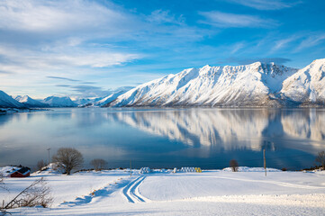 Beautiful winter view of Kvæfjorden from the Isle of Kvæøya in northern Norway