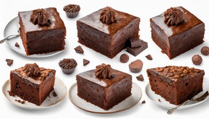 Chocolate fudge brownie cake, front view on white background cutout file.  - 756624630