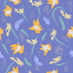 Hand-drawn seamless pattern with floral print. Abstract yellow chamomiles on purple background. Vector pattern for printing on fabric, gift wrapping, covers, wallpapers.