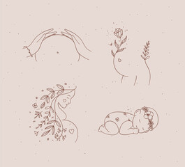 Pregnancy symbols female torso, silhouette of a pregnant woman, sleeping child drawing in floral hand-drawing style on with brown beige background
