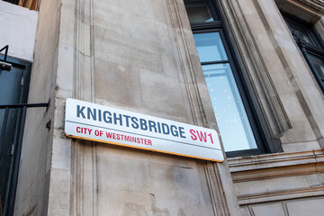 LONDON- Knightsbridge street sign. Upmarket area of central West London famous for its high end hotels, restaurants and shops