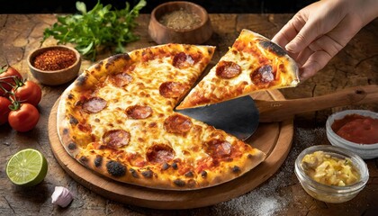 Wood fire cheesy pizza slice in hand. Traditional Hawaiian and Salami pizza savory dish flavour of origin Italian restaurant. Wood-Fired Oven Pizza with people holding and cutting knife background - obrazy, fototapety, plakaty