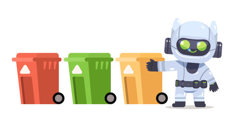 Eco robot and multicolor trash cans. Garbage sorting concept flat illustration