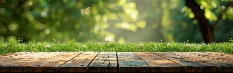 Foto op Plexiglas Wooden Platform Overlooking Grass and Trees © BrandwayArt