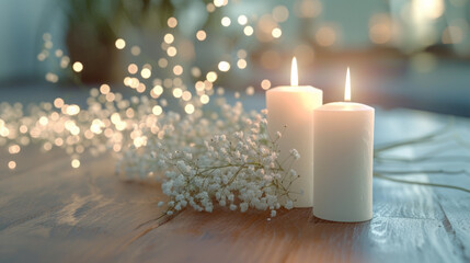 Gypsophila flowers and white candles on wooden parquet
