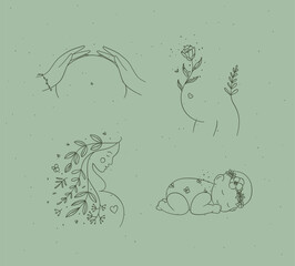 Pregnancy symbols female torso, silhouette of a pregnant woman, sleeping child drawing in floral hand-drawing style on green background