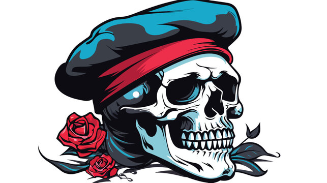 Sketch french skull with beret  flat vector 