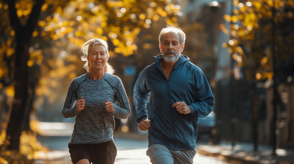 Cardio workout concept. Spirited sport couple jogging in morning in urban park during sunny day. Senior man and woman in activewear keeping in shape through regular training - obrazy, fototapety, plakaty