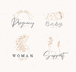 Pregnancy labels female torso, silhouette of a pregnant woman, sleeping child with lettering drawing in floral hand-drawing style on beige background
