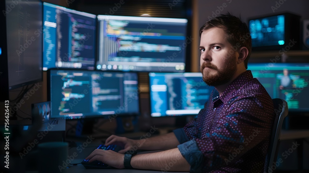 Aufkleber focused professional working late in a dark office. man using multiple computer screens for data ana