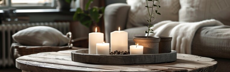 Wooden Table With Tray of Candles