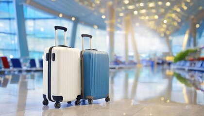 Two suitcases in empty airport hall, traveller cases in departure airport terminal waiting area,...