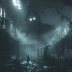 Fog-filled hospital ruins with a monstrous silhouette prowling eyes glowing scary spooky horror monster ghost devil evil shadow - obrazy, fototapety, plakaty