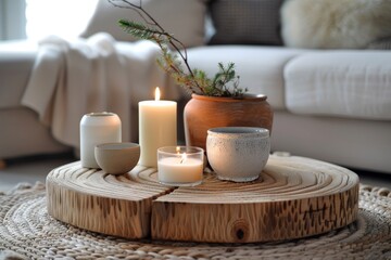 Fototapeta na wymiar Wooden Table With Candles and Potted Plant