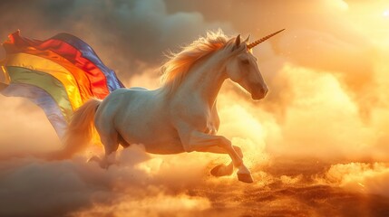 Naklejka na ściany i meble Majestic unicorn galloping across clouds its mane flowing with the vibrant colors of the LGBTQA pride rainbow flag embodying freedom