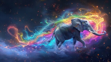 Magical african elephant soaring through skies with vibrant rainbow trails behind Capturing the essence of dreams and freedom space galaxy universe nebula - obrazy, fototapety, plakaty