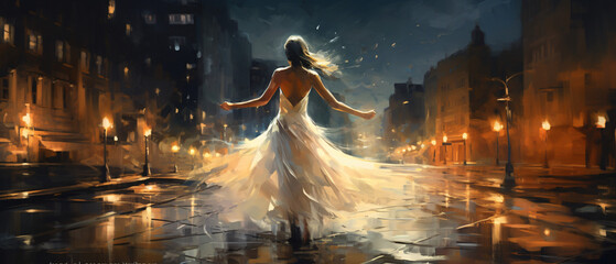 a beautiful lonely woman dancing at night in the city - obrazy, fototapety, plakaty