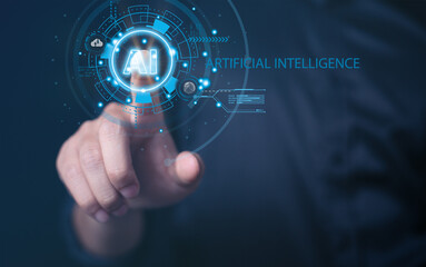 Fototapeta premium Man touching technology AI Artificial intelligence network digital learning knowledge futuristic online on screen software internet develop skill for future.