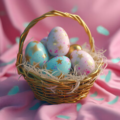 A basket with easter eggs on pink background.generative ai