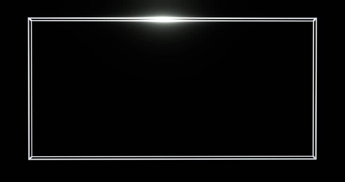 Digital white frame with glowing silver line. Blank rectangle illuminated by 3d render luminous line moving along perimeter for design and electric led shows