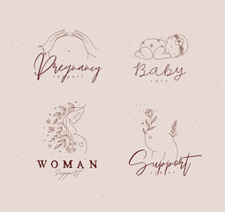 Pregnancy labels female torso, silhouette of a pregnant woman, sleeping child with lettering drawing in floral hand-drawing style with black on beige background