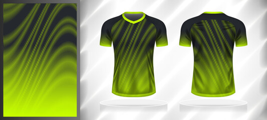 Vector sport pattern design template for V-neck T-shirt front and back with short sleeve view mockup. Shades of grey-black-green color gradient abstract halftone texture background illustration.