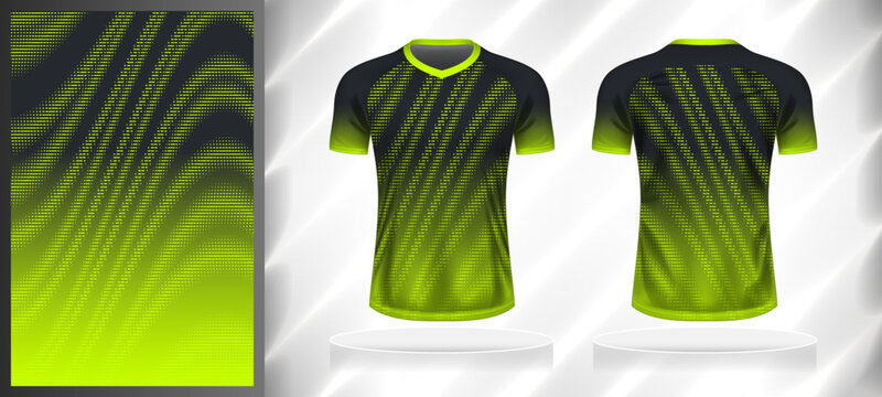 Vector sport pattern design template for V-neck T-shirt front and back with short sleeve view mockup. Shades of grey-black-green color gradient abstract halftone texture background illustration.