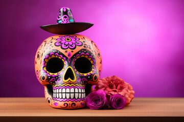 Dia De Los Muertos Celebration Mexican Background With Sugar Skull. - obrazy, fototapety, plakaty