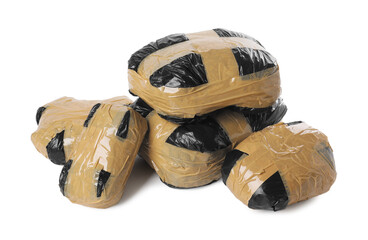 Packages with narcotics isolated on white. Drug addiction