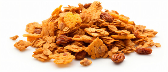 A bunch of cereal granola flakes isolated on white background