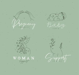 Pregnancy labels female torso, silhouette of a pregnant woman, sleeping child with lettering drawing in floral hand-drawing style on green background - 756627806