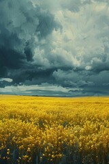 Expansive Field of Yellow Flowers Under Cloudy Sky