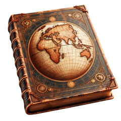 A book with a globe on the cover. The globe is surrounded by a border and the book is brown, World Book Day, the celebration of knowledge, isolated on a transparent background.