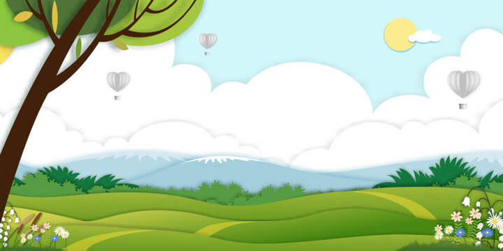 Spring green field landscape with mountain,cloud layer,hot air balloons heart flying on blue sky background,Panorama paper art Summer rural nature with green grass land.Cartoon vector illustration