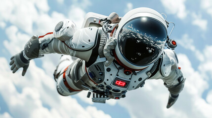 An astronaut hovers in space weightlessness against background of blue sky, vertical frame. The...