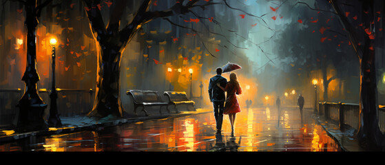 A couple strolling in the rain while oil painting